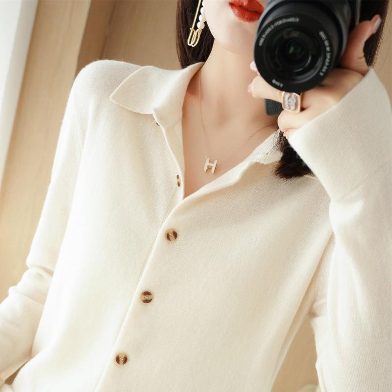 Women's POLO Collar Knitted Cardigan Basic Versatile Top Spun Wool Jacket Elegant Single Breasted Sweater
