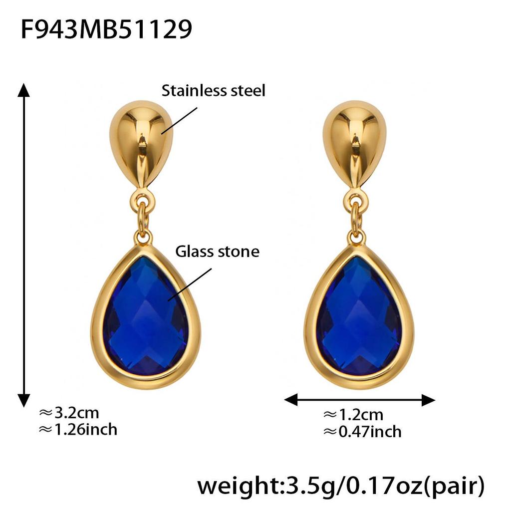 18K Gold-Plated Stainless Steel Jewelry Set: Bead Chain Necklace & Earrings with Oval Bezel Faceted Glass Stone.