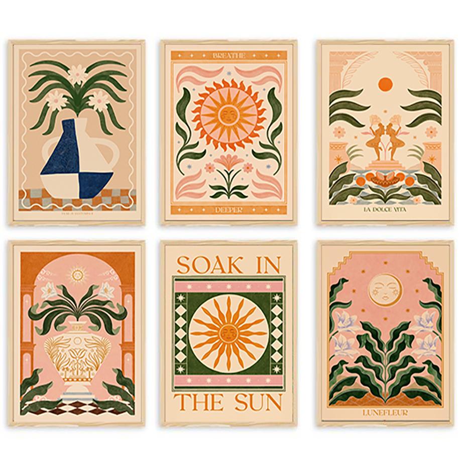 Boho Floral Sun Wall Art Posters Plant Prints Nordic Canvas Painting Pictures Living Room Mural Decorative Painting Home Decor