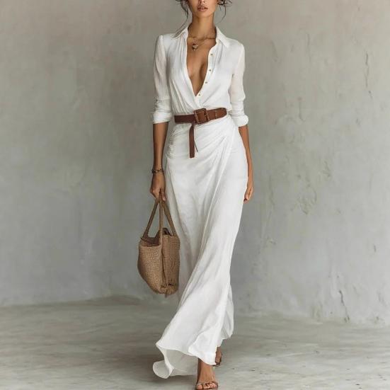 Robe chemise d'été pour femme à manches longues, col en V, boutonnée, ceinturée, longue, style bohème, froncée, tenues de vacances à la plage