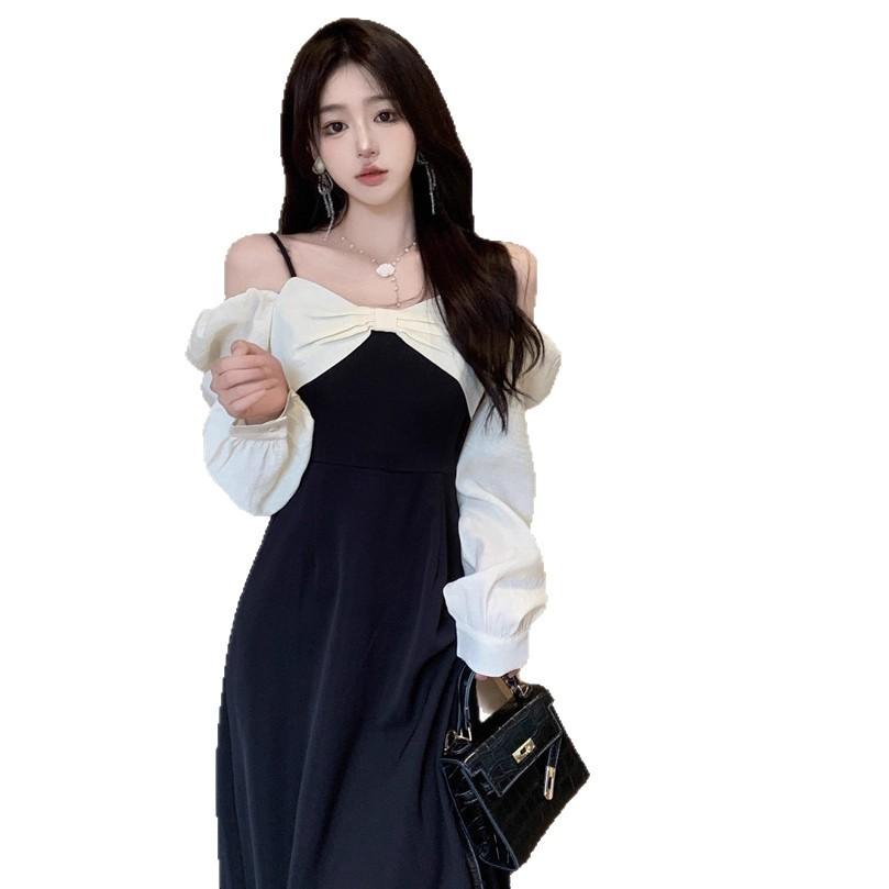 Large size early autumn temperament off-the-shoulder dress for women's new fat sister to cover her belly and show her thinness French Hepburn skirt
