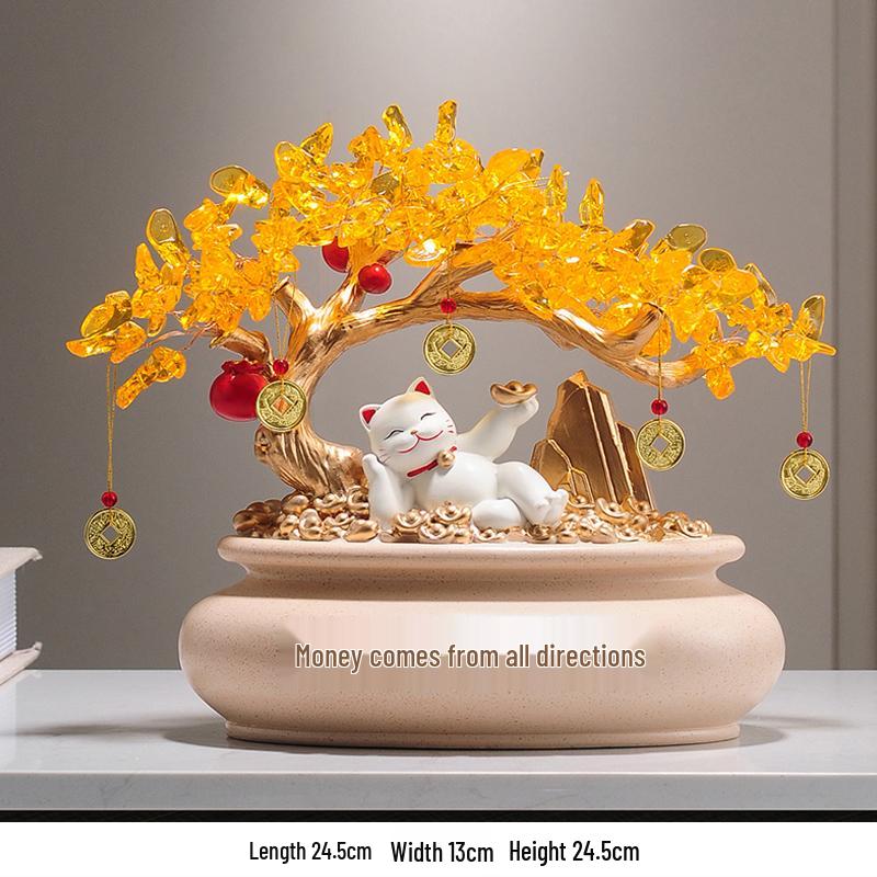 Fortune Cat Money Tree Figurine - Office, Shop, Reception & Housewarming Decoration