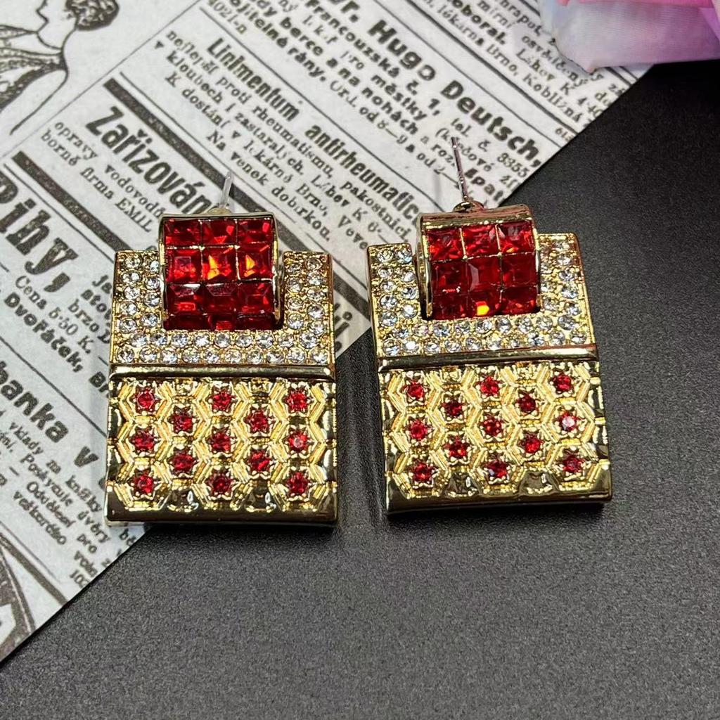 Vintage Antique Square Gold Full Zirconia Earrings European Niche Design Geometric Retro