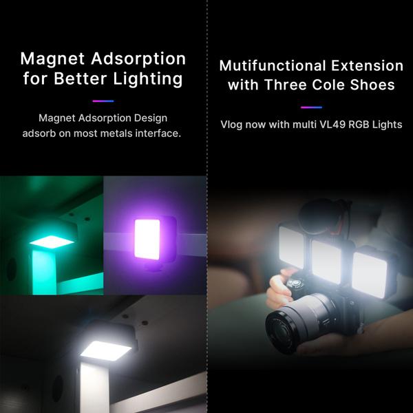 Výplňové světlo VL49RGB Přenosná multifunkční tříhlavá studená bota Plně barevná osvětlovací lampa