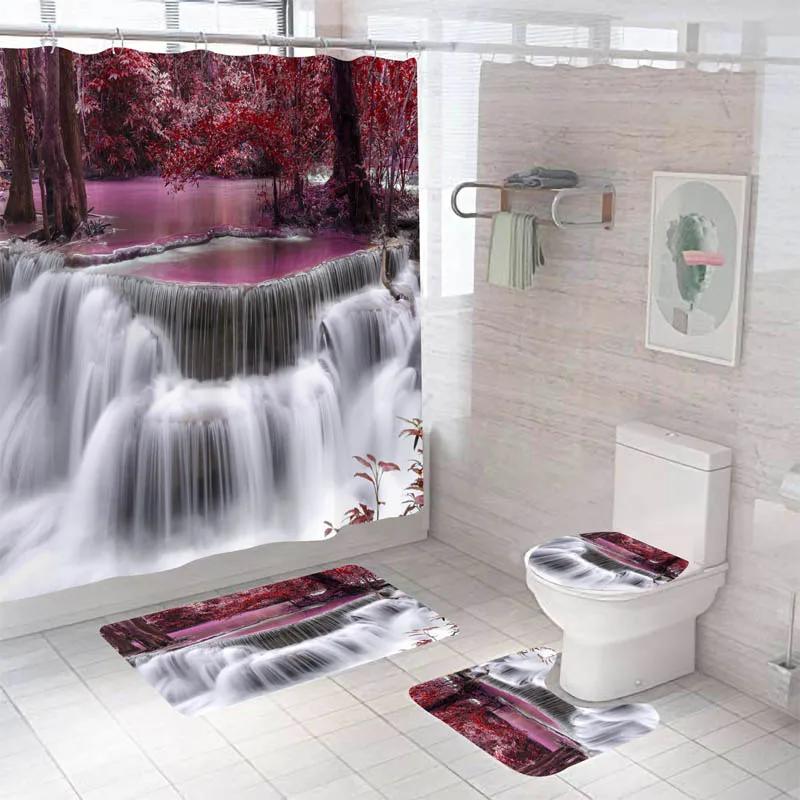 Forest Bathroom Shower Curtain Set Waterproof Bath Curtain Sets Toilet Cover Non-Slip Mat Rug Carpet Set Home Decor Accessories