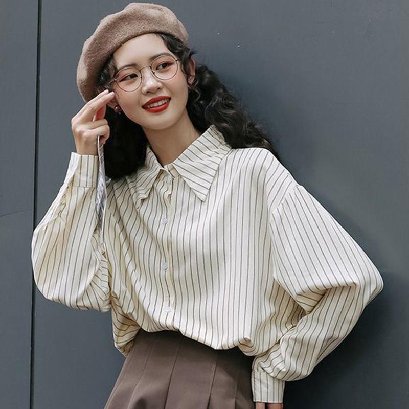 

Полосатые женские белые рубашки корейские элегантные свободные длинные рукава женские блузки осень новые отложной воротник офисные женские повседневные топы XXL абрикосовый