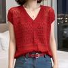 Women's Red Short Sleeve Summer Cardigan - Hollow Knit, Loose, Slimming, Breathable