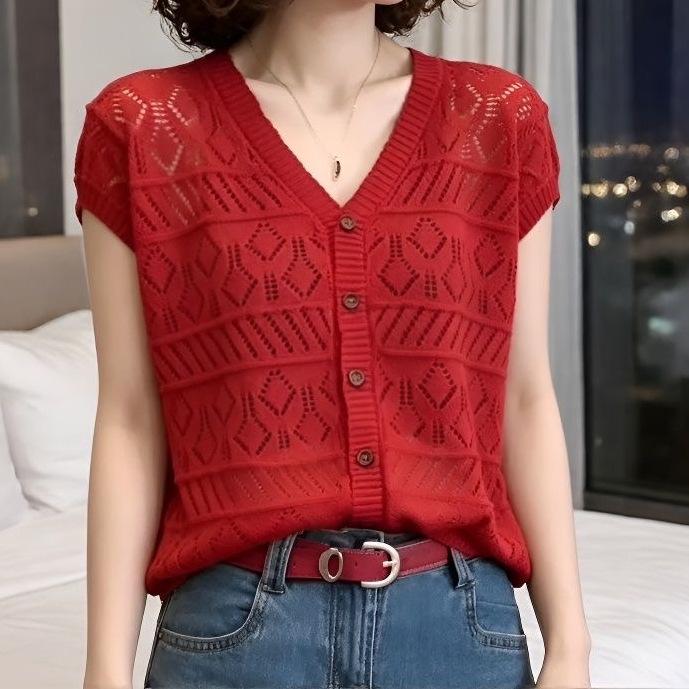 Women's Red Short Sleeve Summer Cardigan - Hollow Knit, Loose, Slimming, Breathable