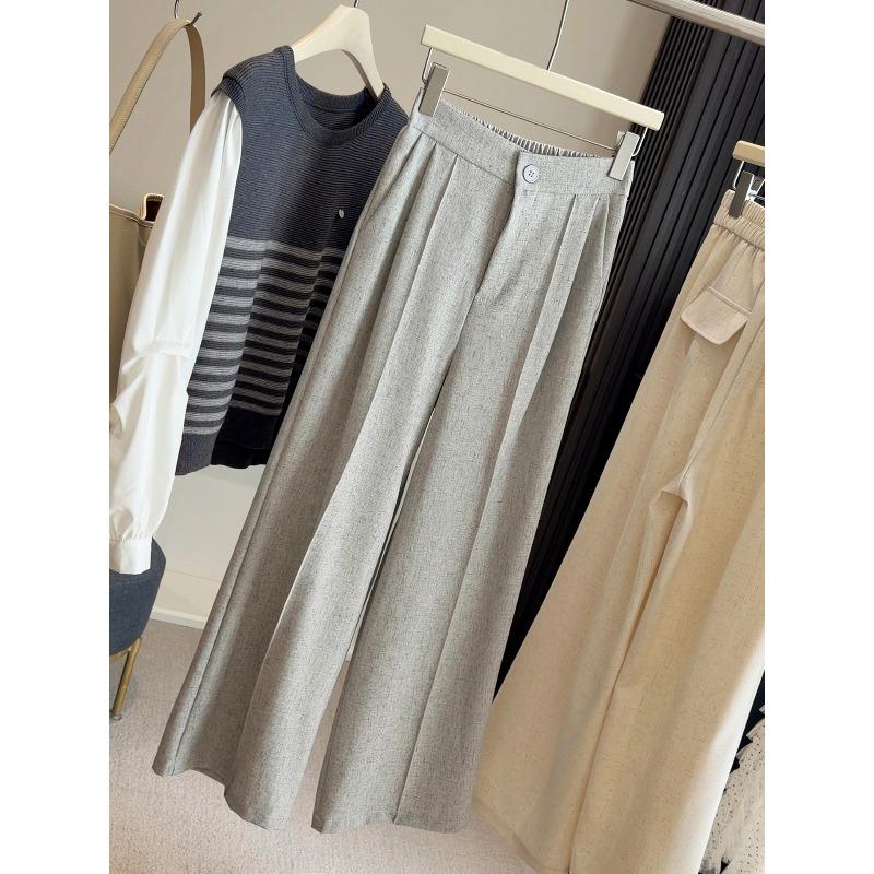 Spring high-end cotton linen draped gray suit slacks women s new elastic waist wide-leg versatile straight-leg pants S