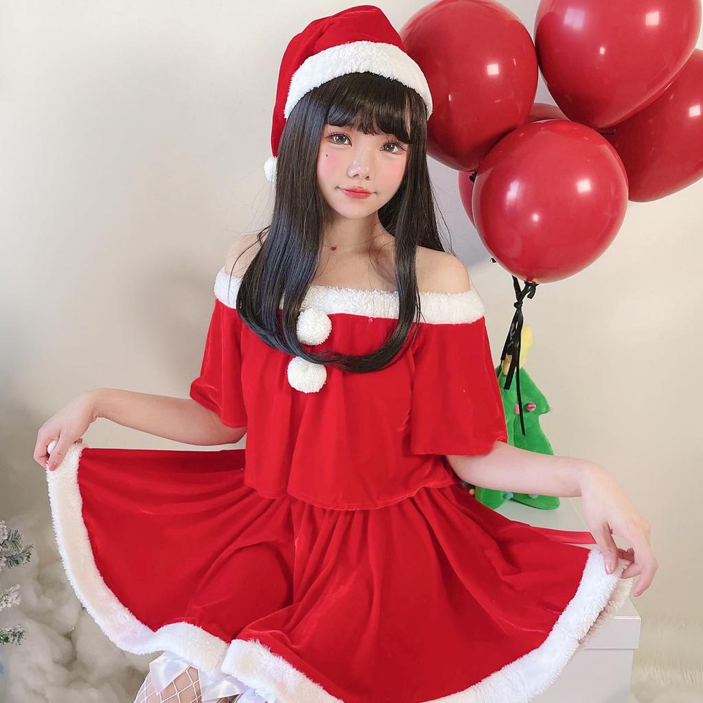 [Milky Time] Christmas Cosplay Santa Miniskirt Short Sleeve Off-the-Shoulder Santa Outfit Set