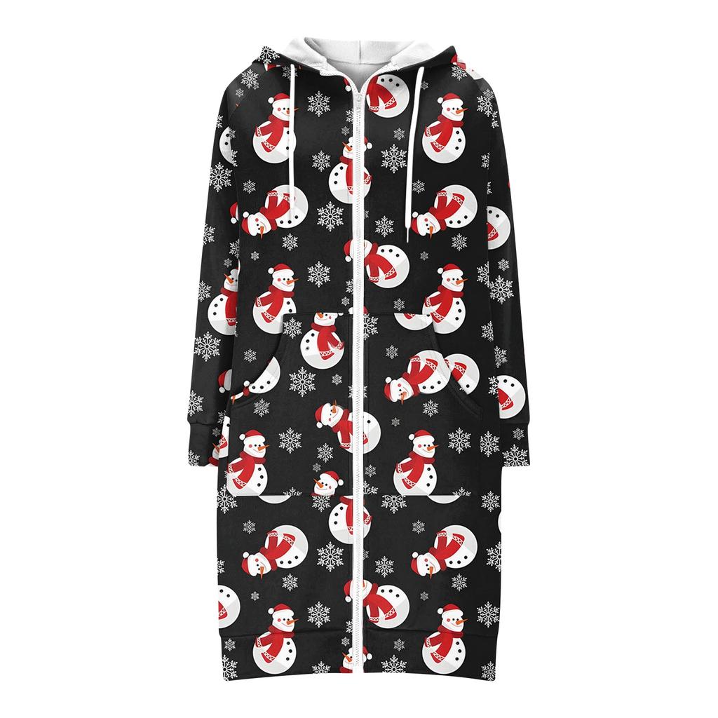 Women's Fashionable Christmas Printed Long Sleeved Drawstring Hooded Zipper Pocket Long Casual Sweatshirt Jacket