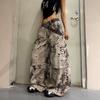 Unisex Wide-Leg Cargo Jeans With Leopard Print Patchwork Relaxed Fit Streetwear Denim Pants