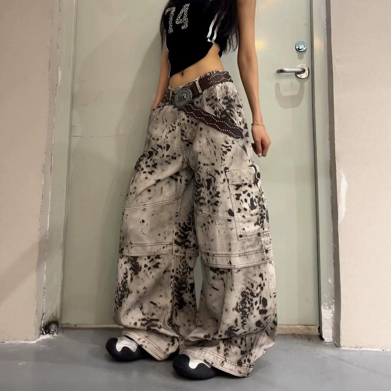 Unisex Wide-Leg Cargo Jeans With Leopard Print Patchwork Relaxed Fit Streetwear Denim Pants