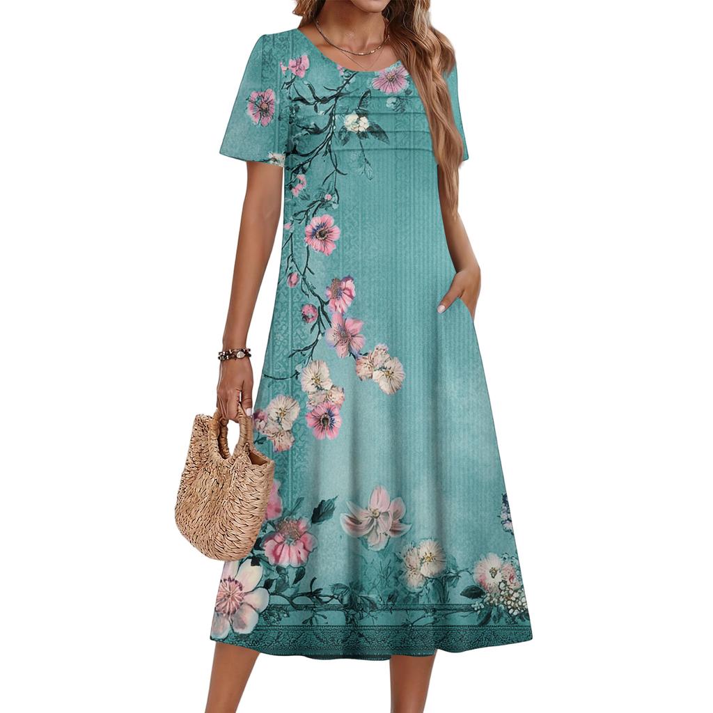Ladies' Floral Printed Casual And Fashionable Short Sleeved Round Neck Dress