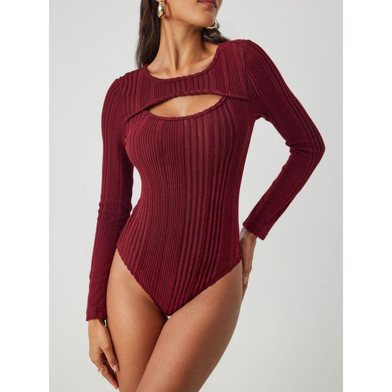 

Fashion Export Fall and Winter New Arrival Sunken Stripe Cut Out Silm Plaid One-Piece T-shirt Underwear Crew Neck Long Sleeves Tops Women Burgundy L
