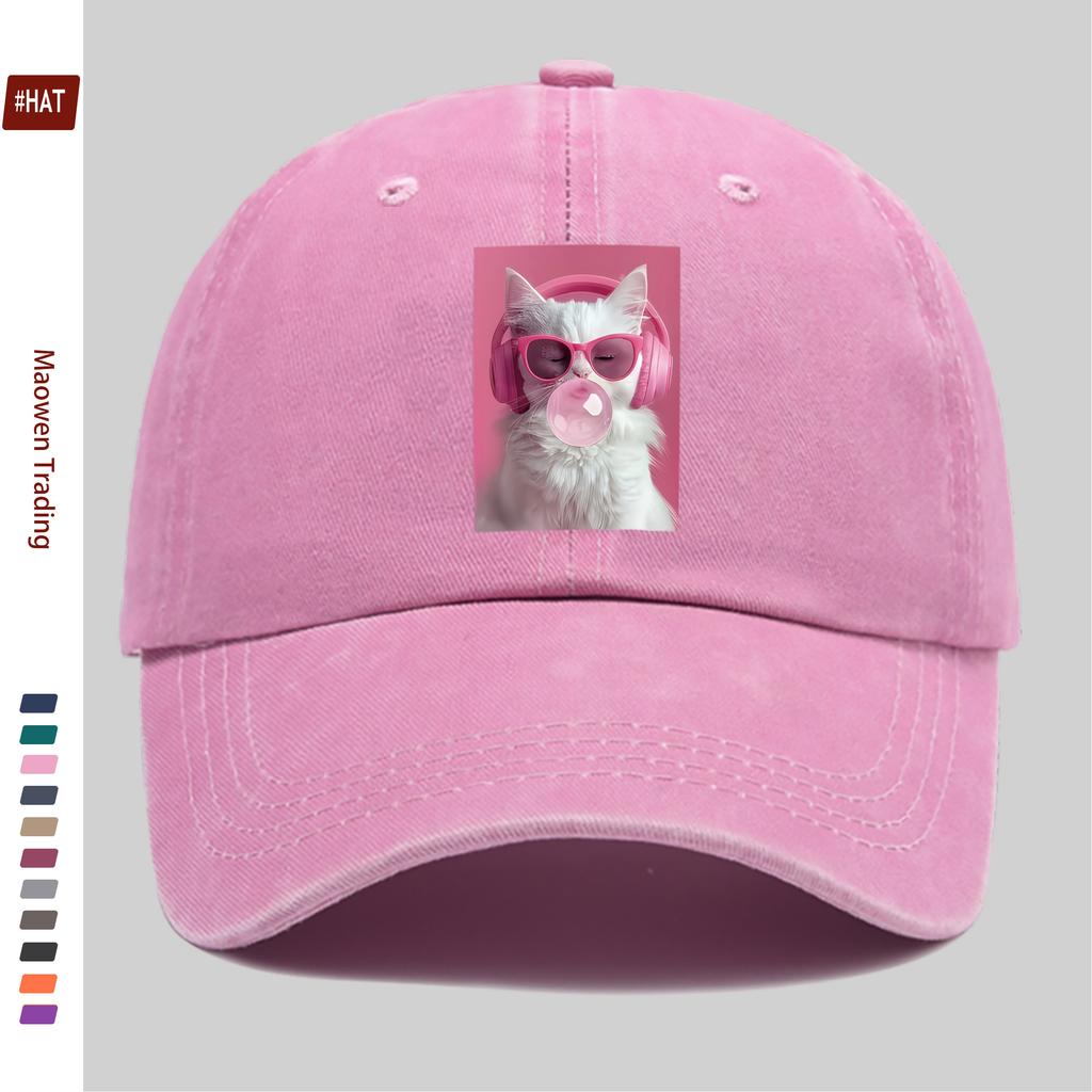 Pc Printed Cat Wearing Pink Headphones And Glasses Blowing Bubblegum Pattern Baseball Cap Comfortable Casual Printed Design De