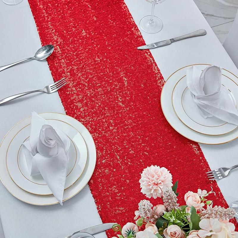 10pcs Red Sequin Table Runners Glitter Wedding Party Bridal Shower Birthday Christmas Thanksgiving Halloween Decoration Supplies