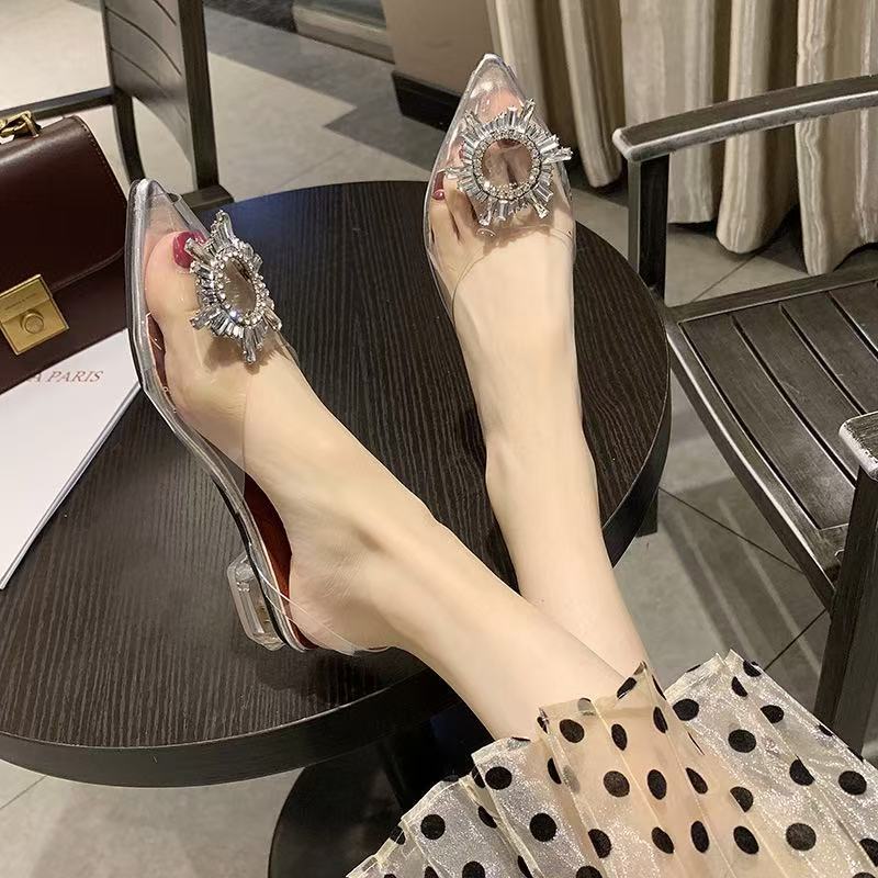 Spring and summer new pointed toe with sunflower high heels transparent crystal shoes thick heel wine glass and sandals women