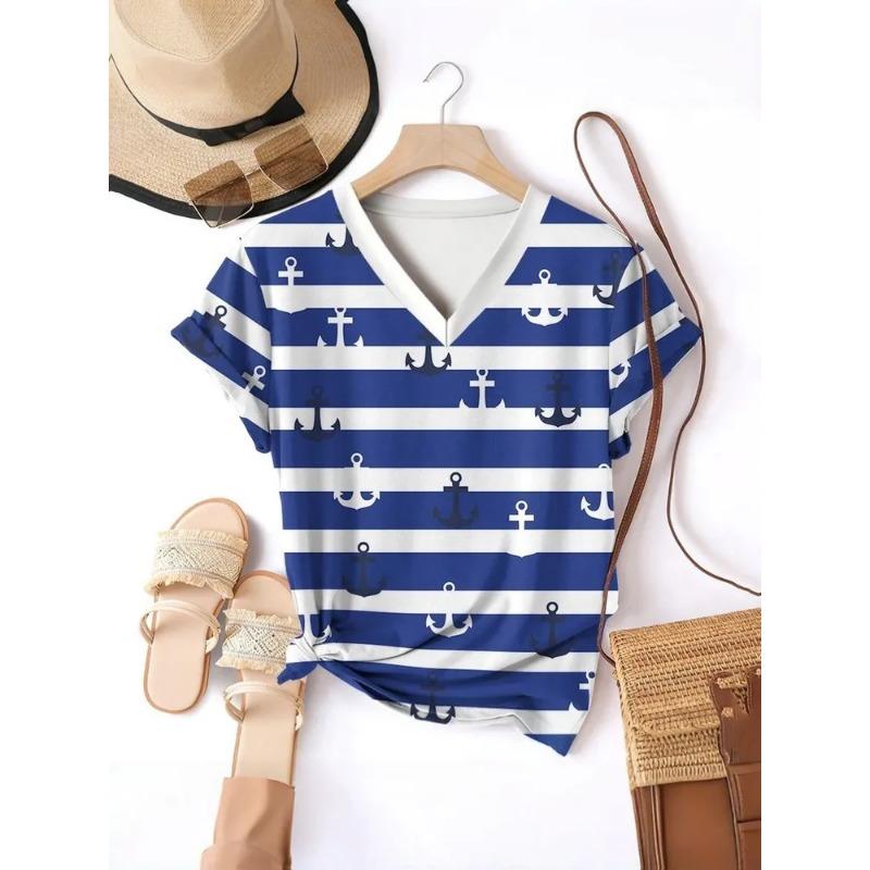 Stripe Graphic 3D T Shirt Women Summer V-Neck Short Sleeve Tops Holiday Casual Tees Woman Streetwear Oversized T-shirt