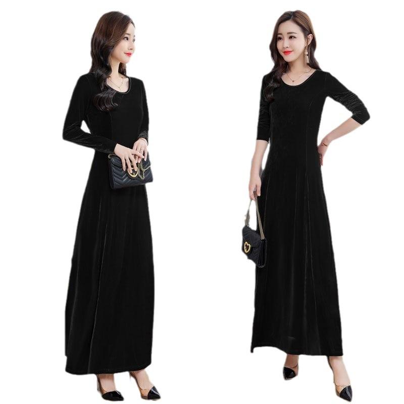 Plus Size Gold Velvet Long-Sleeve Dress - Spring/Autumn Style