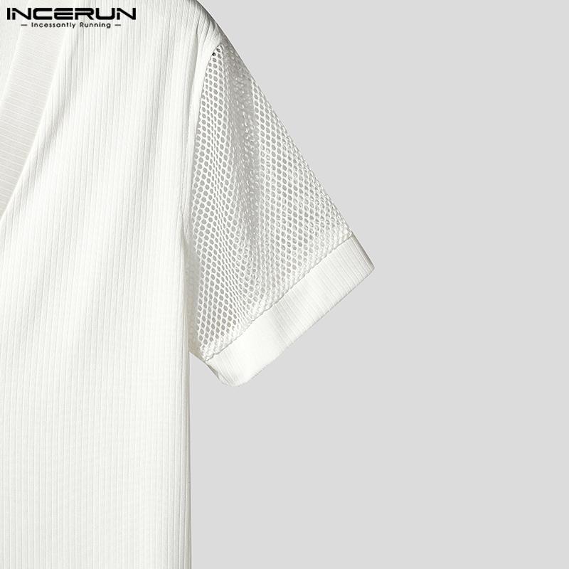 INCERUN Tricouri pentru bărbați cu gât în V, mânecă scurtă, patchwork din plasă, față transparentă cu încrucișare