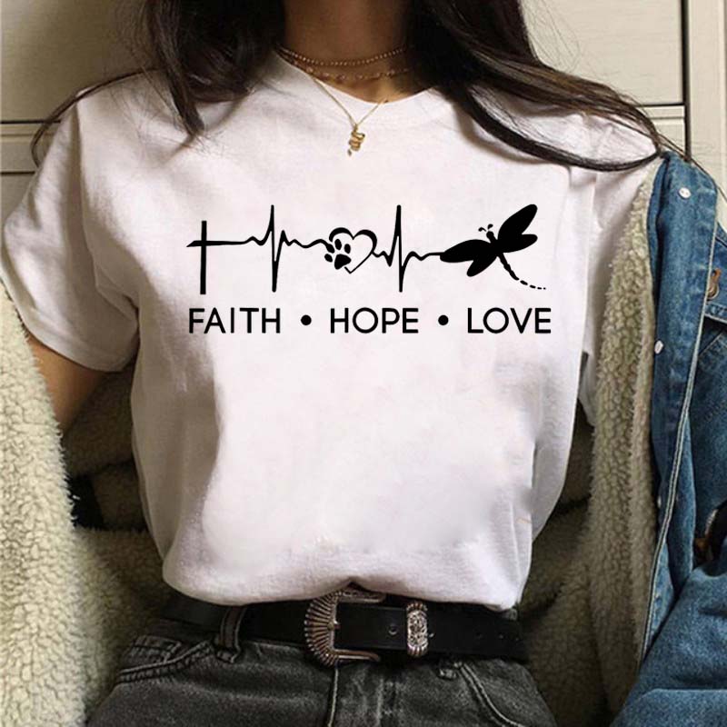 New Love Heart Dragonfly Print Women T-Shirt Fashion Casual Short Sleeves Ladies O-Collar T Shirts Streetwear Graphic Print Tops