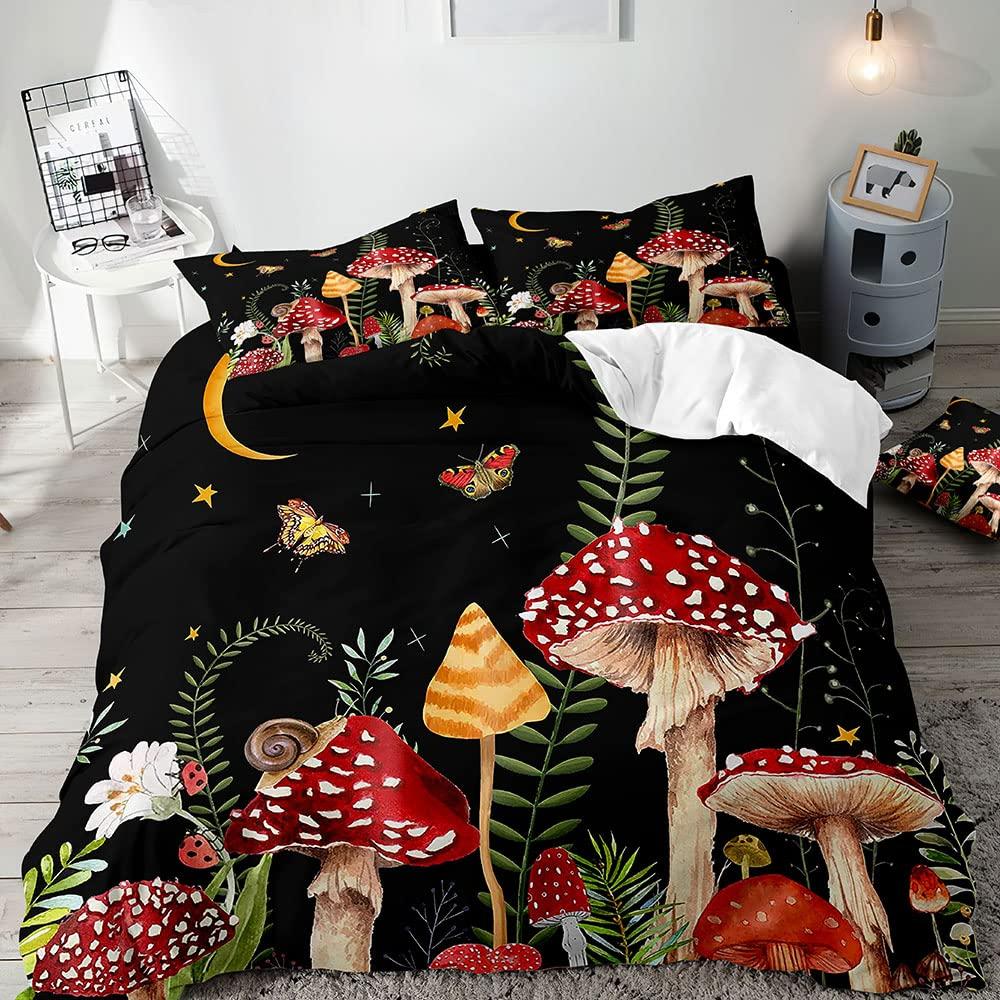 Trippy Mushroom Duvet Cover Set,Hippie Skull Bedding Set,Butterfly Moth Moon Phase Constellation Astrology Botanical Boho Theme