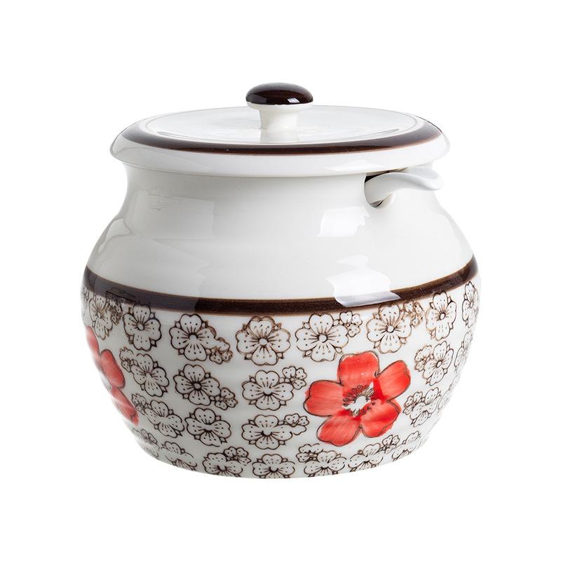 Kitchen Ceramic Oil Tank Household High-temperature Resistant Chili Oil Tank with Lid Spoon Kitchen Spice Jar Seasoning Can