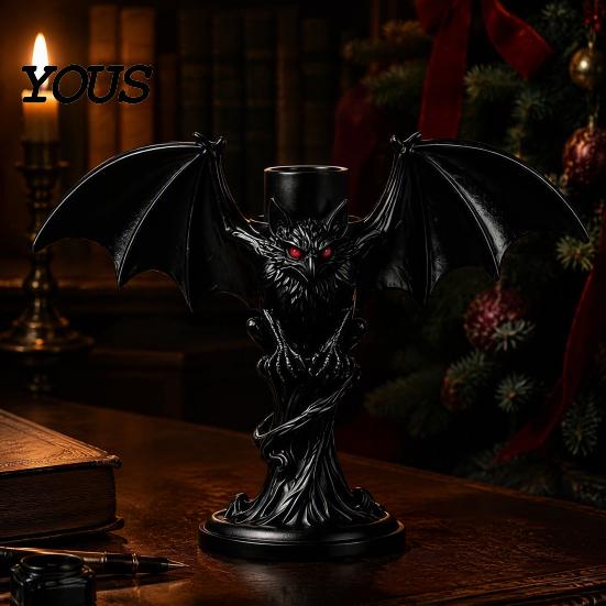 Halloween Bat Candle HolderGothic Tealight Holder Devil Holder, Gothic Winged Candlestick with Shadow Projection Red Eyes, Matte Black Sticks