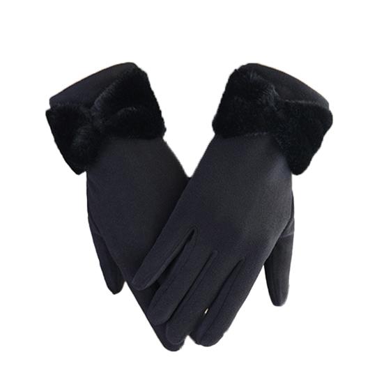 1 Pair Bowknot Decor Thickened Solid Color Women Gloves Autumn Winter Double-sided Fleece Touch Screen Driving Gloves