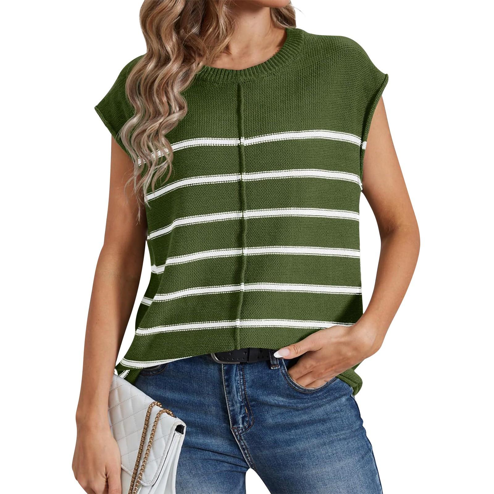 

Женский вязаный свитер с круглым вырезом, жилет, пуловер без рукавов, полосатый топ L армия зеленый