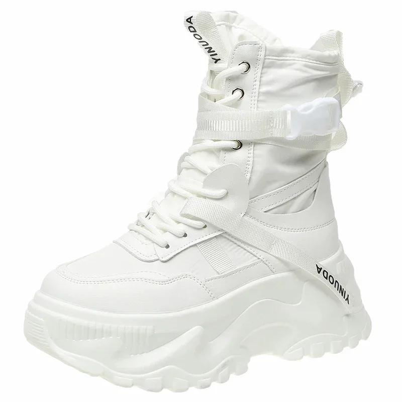 White Chunky Platform Motorcycle Boots Women Buckle Lace Up Thick Bottom Ankle Boots Woman 2025 Autumn Fashion Vulcanized Shoes