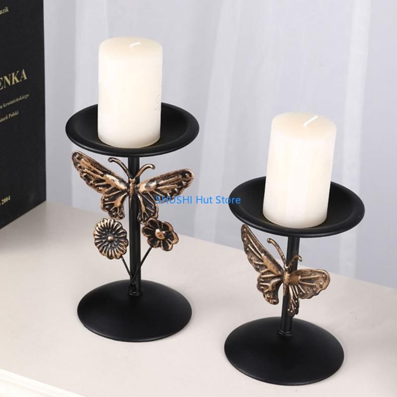 2Pcs Decorative Black Holder Iron Stand for Pillar Metal Candlestick Dining Table Centerpieces D57B