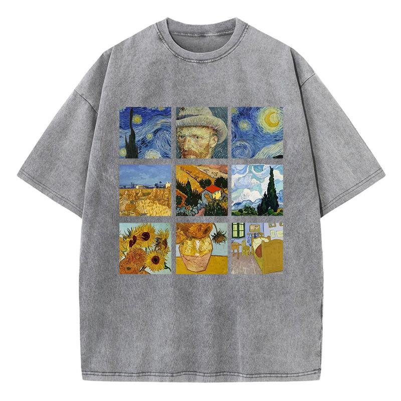 Cotton Women Washed T-Shirts Van Gogh'S Starry Night And Sun