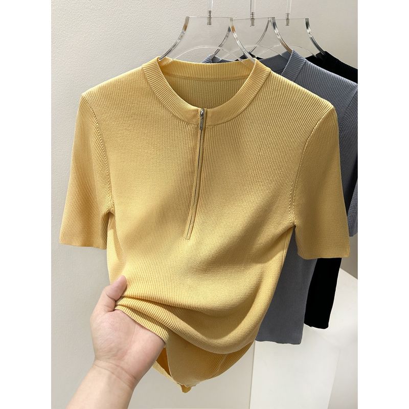 

Летняя новинка Лиоцелл Тенсел Дизайн на молнии Трикотаж Женская футболка с открытым плечом и воротником половинной высоты, с рукавом половинной длины, топы Тонкая Goose yellow XL