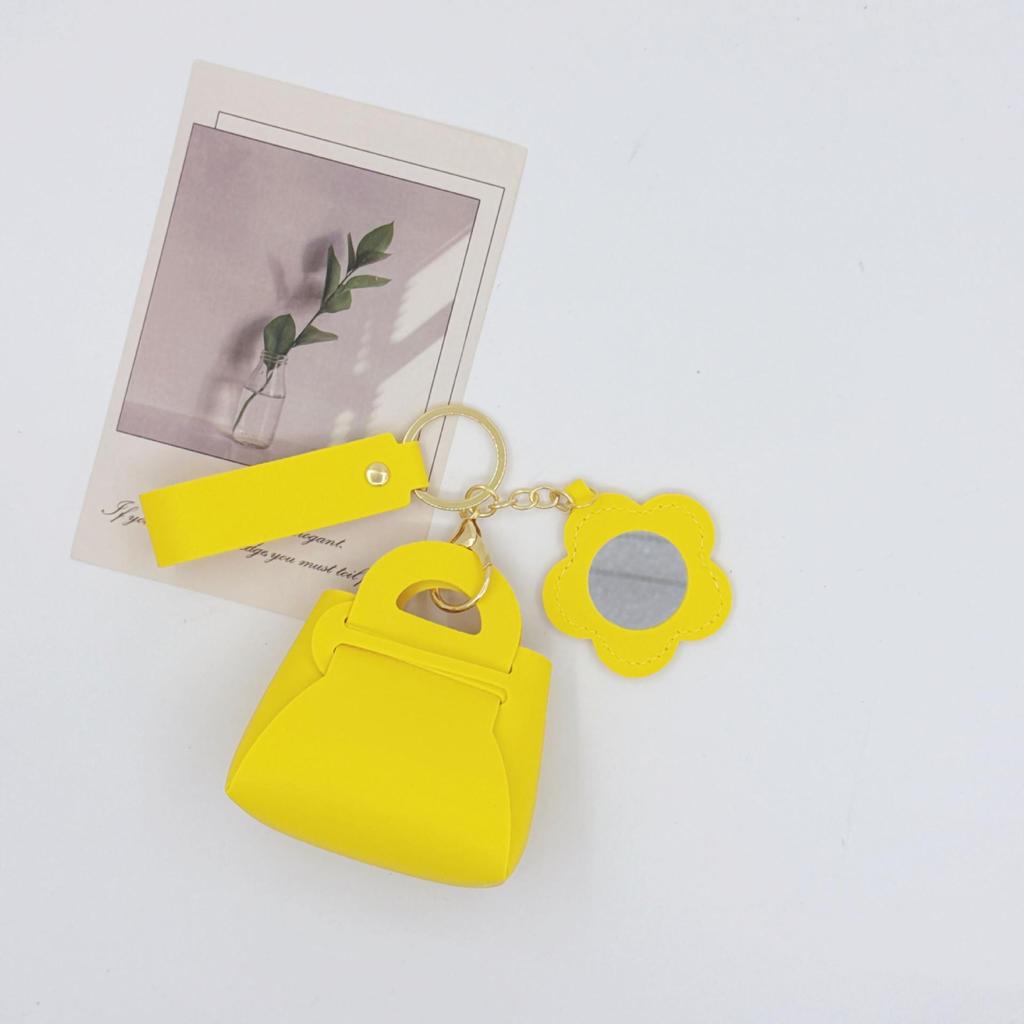 Korean Leather Handbag Keychain with Mini Mirror and Pouch Charm