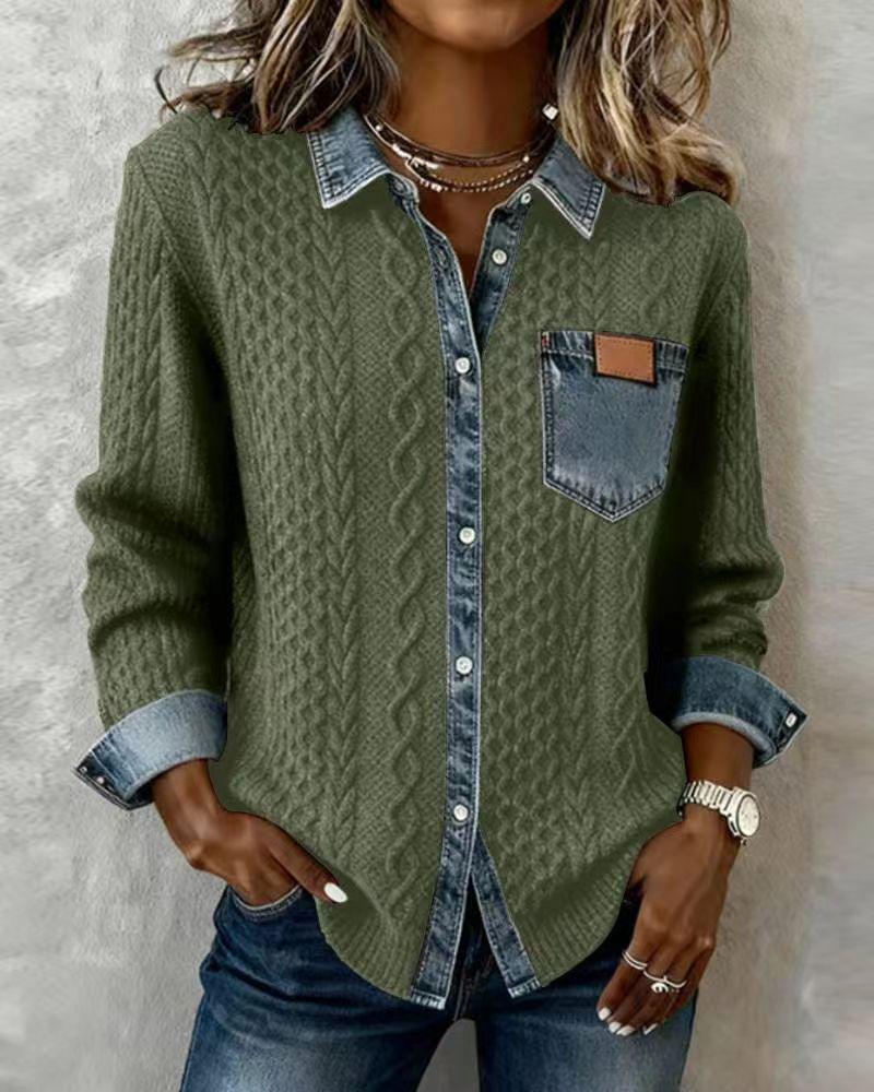 2025 European Style Women's Knit Patchwork Denim Cardigan - Versatile Long Sleeve for Autumn/Winter Fashion.