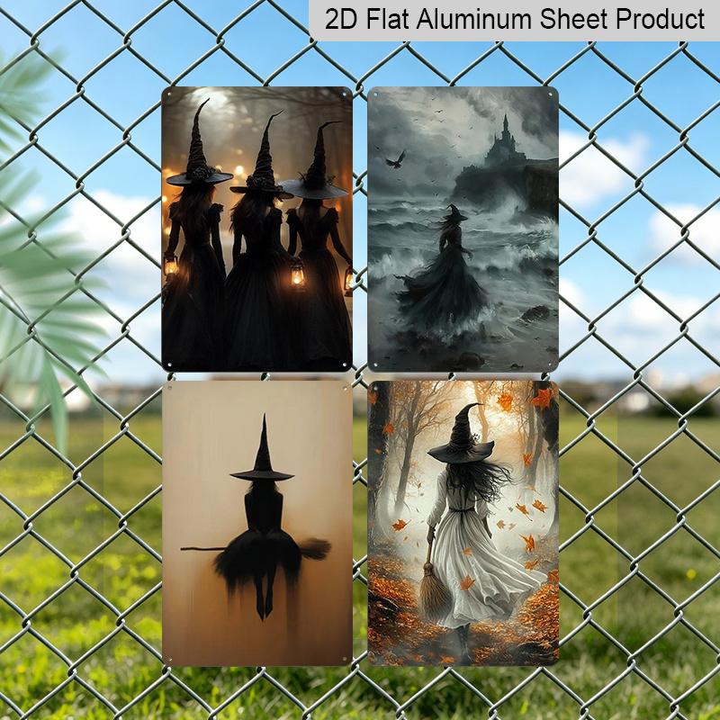 2D Flat 4pcs Gothic Witch Themed Metal Signs‑8.0x12.0 Inch Aluminum Wall Art, Vintage Dark Witch Silhouette Halloween Decor, Pre‑Drilled Holes