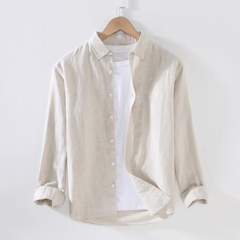 Linear Long-sleeved Men's Japanese Casual Loose Cotton Linen Shirt Spring and Summer Outfit Inch Shirt