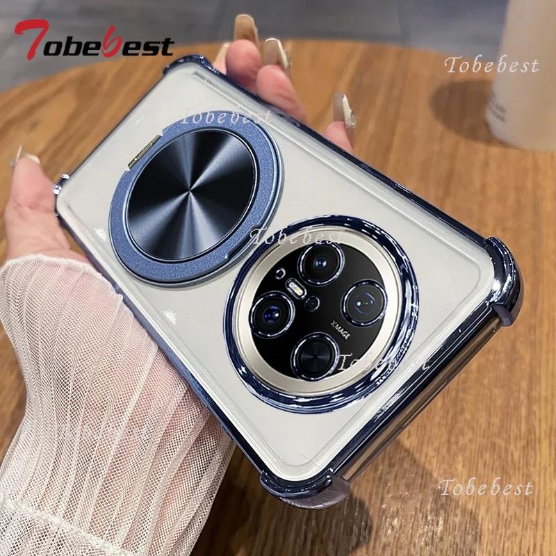 360 Degree Rotating Magnetic Bracket Shockproof Plating Case For Huawei Mate 70 60 50 40 30 Pro Transparent Back Cover
