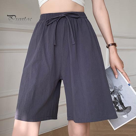 Women Summer Casual Shorts Elastic Waist Drawstring Pockets Shorts Solid Color Wide Leg Loose Short Pants Streetwear