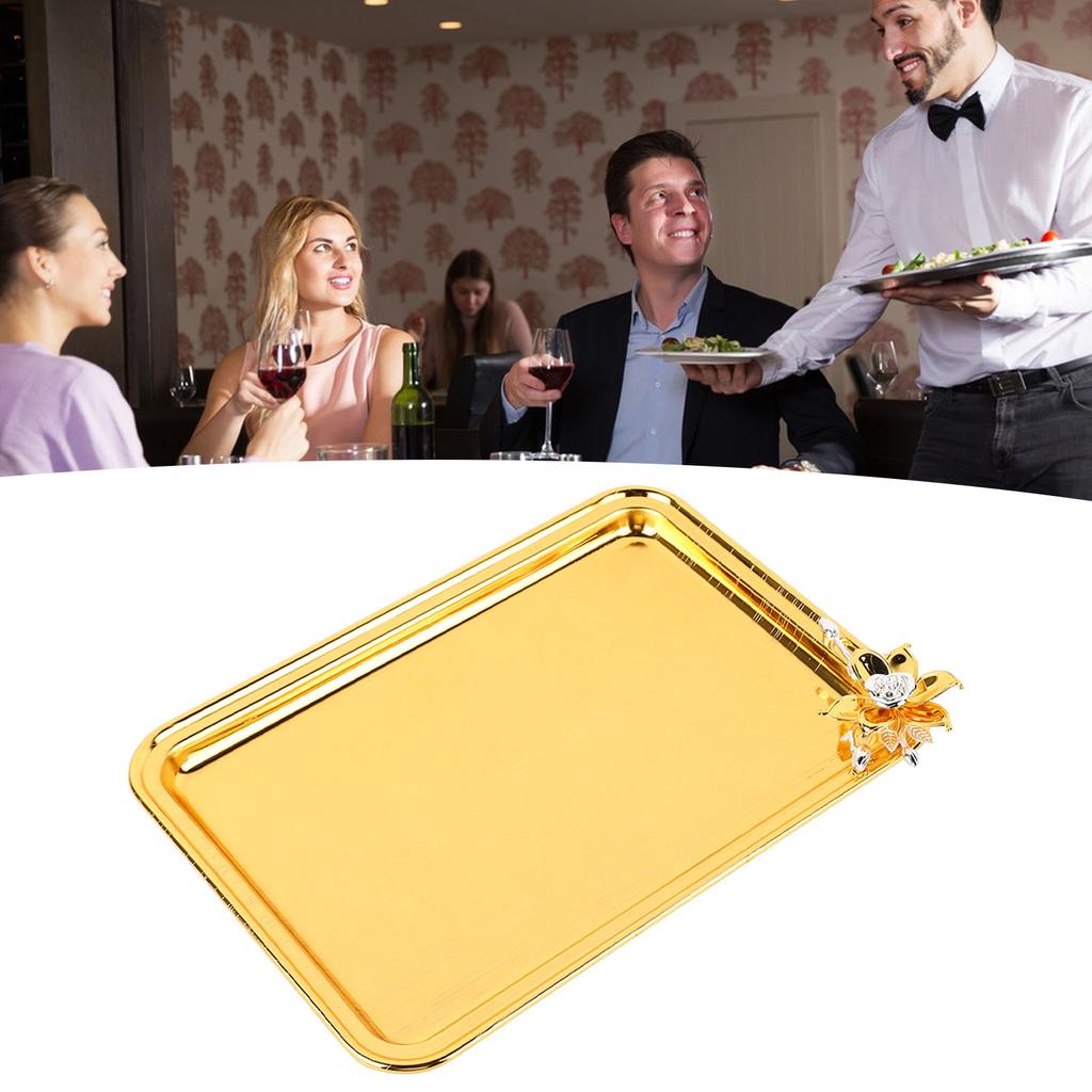 Plateau de service de table Européen Léger Luxe Décoratif Rectangulaire Plateau de service alimentaire avec décor floral pour Salon KTV Hôtel Or