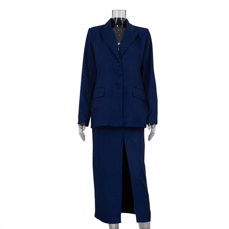 

Western Style Stripe Lapel Suit Split Skirt sets Striped Suit Half Skirt Set Blue L