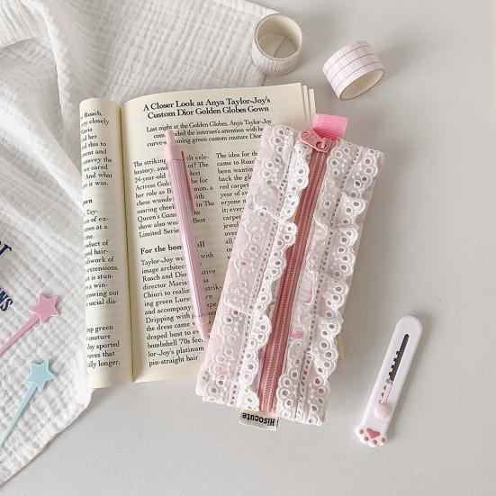 Lace Trim Pencil Case Smooth Zipper Makeup Stationery Storage Bag Cute Pen Organizer for School Office