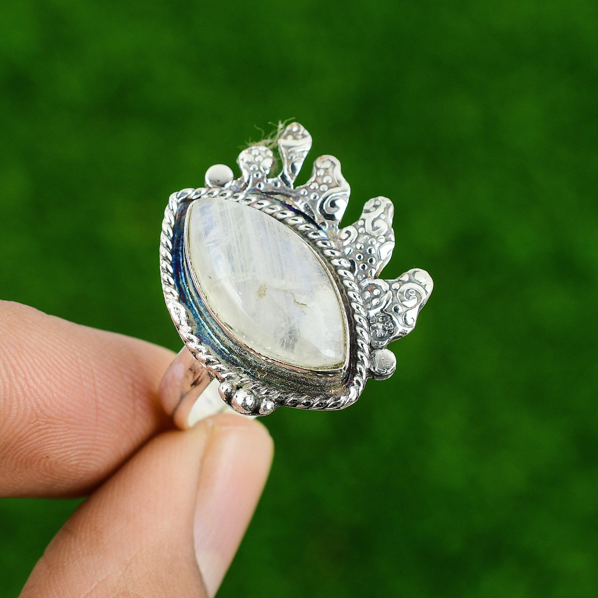 

Natural Rainbow Moonstone Gemstone Promise Adjustable Ring 925 Sterling Silver Adjustable