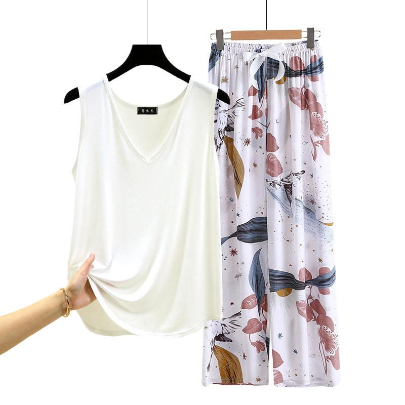 Lockere Modal-Pyjama-Sets Sommer V-Ausschnitt Tanktop und Florale Weite Hosen Lässiger Hausanzug ärmellos Loungewear Übergröße