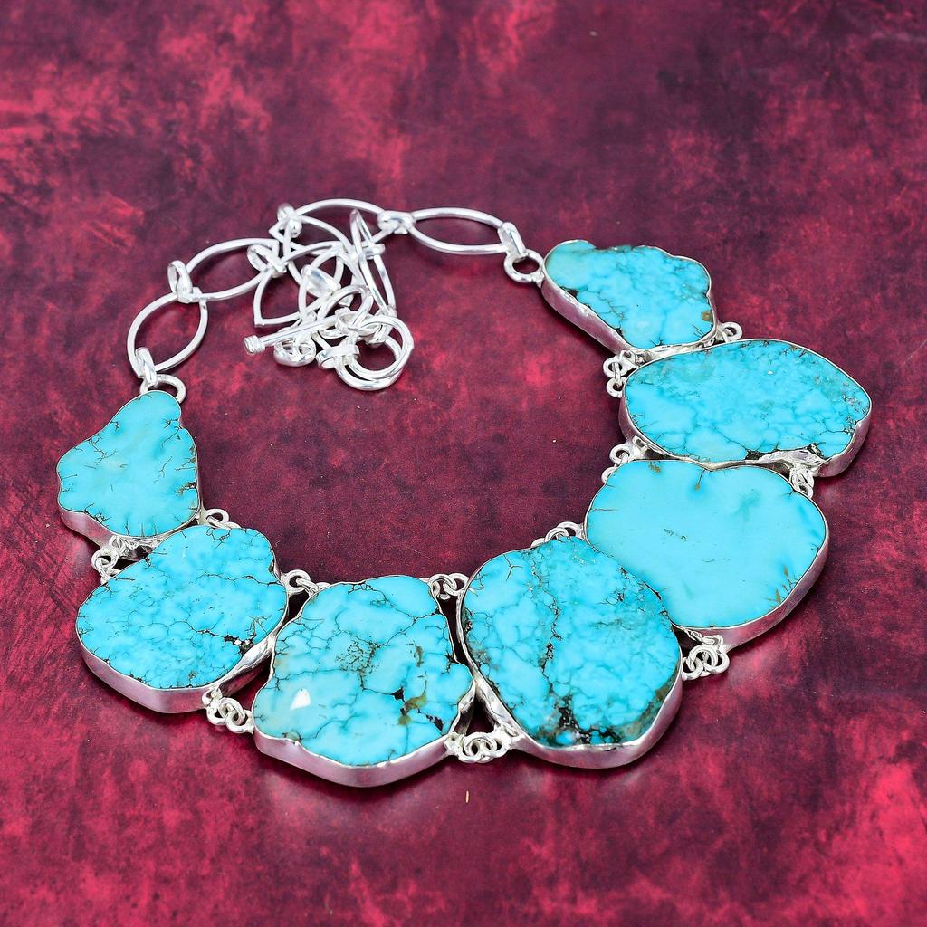 Turquoise Slice Handmade Gemstone Necklace, 925 Solid Sterling Silver Necklace Antique Jewelry, For Thanksgiving