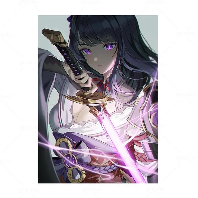 Solid Wood Frame Game Postoer Genshin Impact Poster General Raiden Anime Posters Canvas Painting Wall Decor Posters Wall Art Picture Home Decor