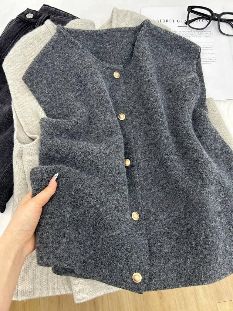 Soft waxy single-breasted knitted vest vest women's small stand-up collar soft waxy knitted bottoming shirt autumn and winter two-piece set