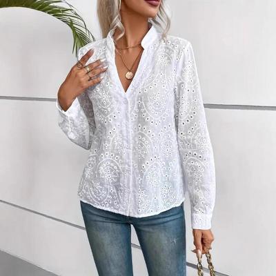 Frühling und Herbst Neuer Stil V-Ausschnitt Lässig Bestickt Langarm Weißes Hemd Modisches Einfarbiges Oberteil für Damen